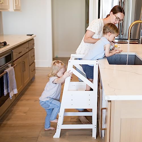 Toddler Standing Tower-Kitchen Step Stool for Toddlers with Message Boards and Safety Rail-3 Adjustable Heights Stool, Toddler Kitchen Helper-Removable, Anti Slip Stool for Bedroom, Bathroom (White)