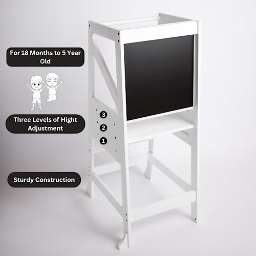 Toddler Standing Tower-Kitchen Step Stool for Toddlers with Message Boards and Safety Rail-3 Adjustable Heights Stool, Toddler Kitchen Helper-Removable, Anti Slip Stool for Bedroom, Bathroom (White)