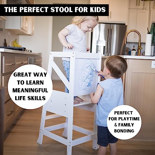 Toddler Standing Tower-Kitchen Step Stool for Toddlers with Message Boards and Safety Rail-3 Adjustable Heights Stool, Toddler Kitchen Helper-Removable, Anti Slip Stool for Bedroom, Bathroom (White)