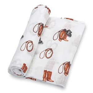 lollybanks swaddle blanket | 100% muslin cotton | gender neutral newborn and baby nursery essentials for girls and boys, registry | cowboy boot print