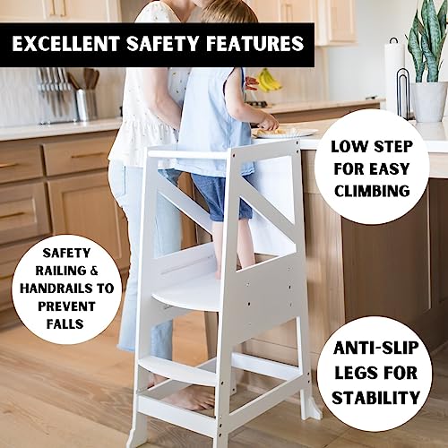 Toddler Standing Tower-Kitchen Step Stool for Toddlers with Message Boards and Safety Rail-3 Adjustable Heights Stool, Toddler Kitchen Helper-Removable, Anti Slip Stool for Bedroom, Bathroom (White)