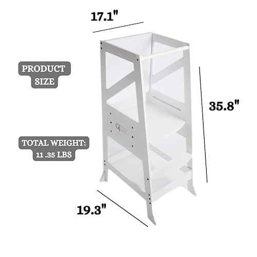 Toddler Standing Tower-Kitchen Step Stool for Toddlers with Message Boards and Safety Rail-3 Adjustable Heights Stool, Toddler Kitchen Helper-Removable, Anti Slip Stool for Bedroom, Bathroom (White)