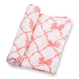 lollybanks swaddle blanket | 100% muslin cotton | newborn and baby nursery essentials for girls, registry | pink bow print