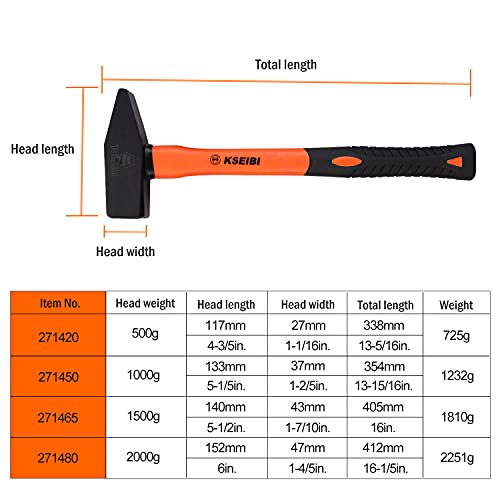 KSEIBI 271420 Machinist Engineers Hammer, Forged Steel Cross Peen Sheet Metal Hammer, Blacksmith Forging Tools (Anti-Slip Handle, 1.10 lb / 500 grams)