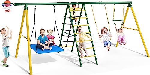 Swing Sets for Backyard, Osoeri 6 in 1 Swing Set, 440 lbs Heavy-Duty Metal Swing Sets for Backyard with Two Swings, Climbing Ladder and Nets, Trapeze Bar and Basketball Hoop