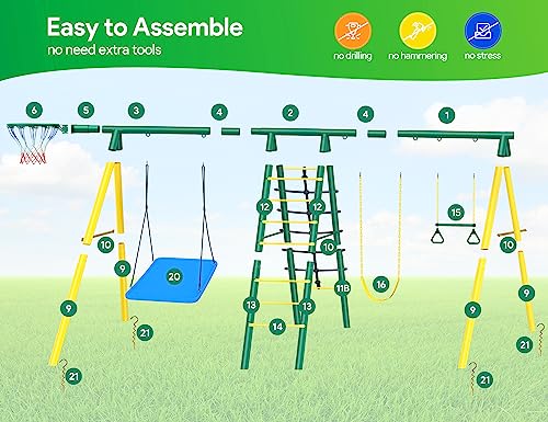 Swing Sets for Backyard, Osoeri 6 in 1 Swing Set, 440 lbs Heavy-Duty Metal Swing Sets for Backyard with Two Swings, Climbing Ladder and Nets, Trapeze Bar and Basketball Hoop