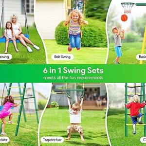 Swing Sets for Backyard, Osoeri 6 in 1 Swing Set, 440 lbs Heavy-Duty Metal Swing Sets for Backyard with Two Swings, Climbing Ladder and Nets, Trapeze Bar and Basketball Hoop