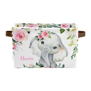 pink elephant floral personalized storage basket ,custom storage bins cubes organizer with handle for bedroom wardrobe,nursery,basket 1 pack