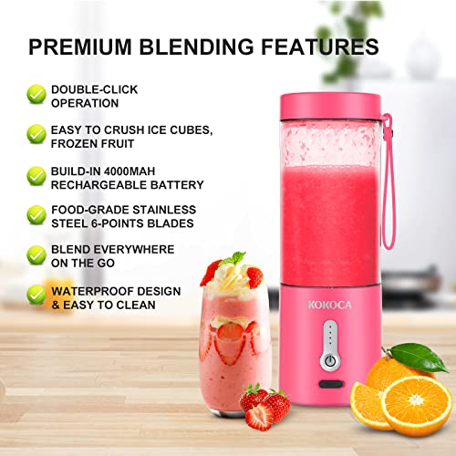 Portable Blender for Shakes and Smoothies, KOKOCA Personal Travel Blender for Protein with 4000mAh USB Rechargeable Battery, Crush Ice, Frozen Fruit and Drinks, 18 oz Mini Cup, Pink 1