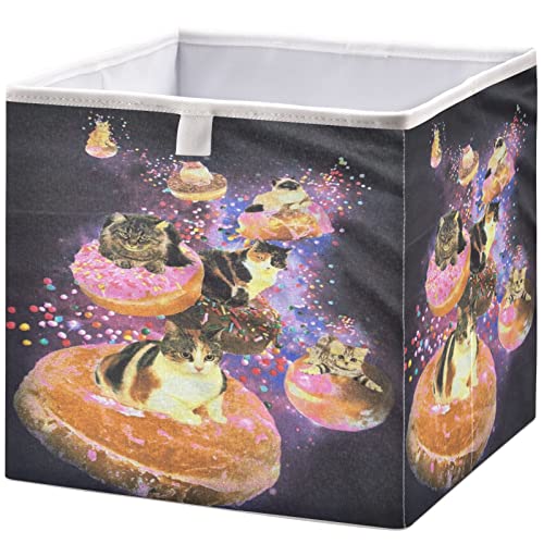 visesunny Closet Baskets Cute Cat on The Donut Galaxy Storage Bins Fabric Baskets for Organizing Shelves Foldable Storage Cube Bins for Clothes, Toys, Baby Toiletry, Office Supply