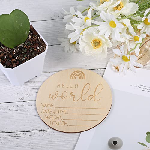 AIEX Wooden Baby Announcement Sign, Birth Announcement Sign Round Wooden Newborn Welcome Sign Hello World New Baby Name Announcement Sign for Girl Boy Photo Prop Baby Shower Nursery Hospital