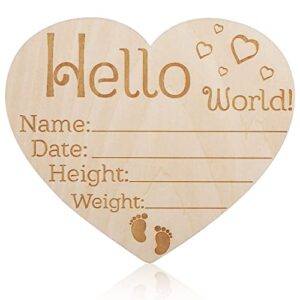 aiex wooden baby announcement sign, love heart shaped hello world plaque newborn baby birth sign board wooden newborn welcome sign for hospital nursery photo prop baby shower