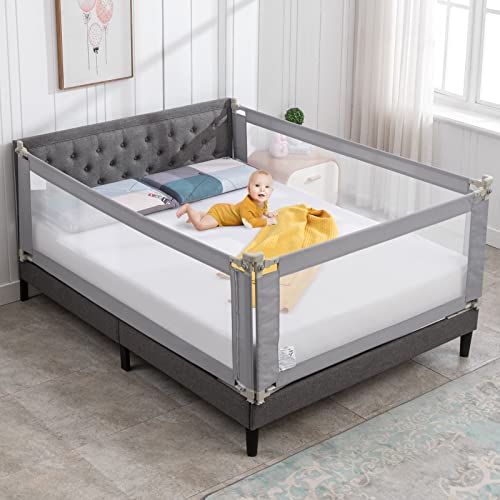 wanan Bed Rail for Toddlers, 3 Pieces Extra Long Baby Bed Rail Guard for Kids, All-Round Sturdy Baby Bed Fence, Infants Safety Bed Guardrail, Fit Queen King Mattress (Gray Without Pattern, Queen)