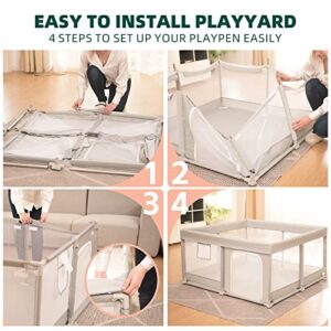 Baby Playpen with Mat, Baby Playyard with Mat 2.2lb Thicker Cotton Play Mat, Easy to Install Playyard with Mat, Sturdy Playpen with 0.2IN Protection Cover, Storage Bag,4 Pull Rings Grey