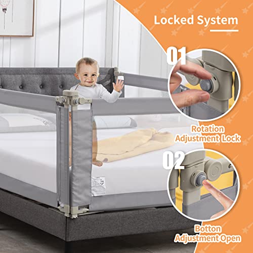 wanan Bed Rail for Toddlers, 3 Pieces Extra Long Baby Bed Rail Guard for Kids, All-Round Sturdy Baby Bed Fence, Infants Safety Bed Guardrail, Fit Queen King Mattress (Gray Without Pattern, Queen)