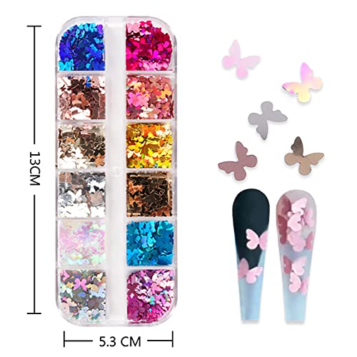 12 Grids Holographic Butterfly Nail Art Glitter Sequins 3D Sparkly Laser Butterflies Glitter for Acrylic Nail Design Manicure Paillettes Ultrathin Face Body Decoration Accessories