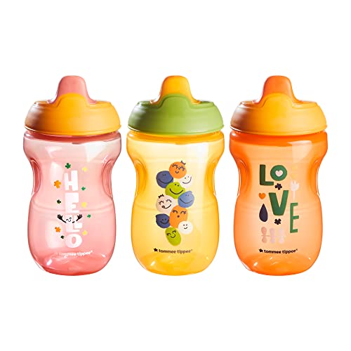 Tommee Tippee Sippee Cup, Water Bottle for Toddlers, Spill-Proof, BPA Free, 10oz, 9m+, Pack of 3, Pink, Orange and Red