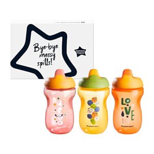 Tommee Tippee Sippee Cup, Water Bottle for Toddlers, Spill-Proof, BPA Free, 10oz, 9m+, Pack of 3, Pink, Orange and Red