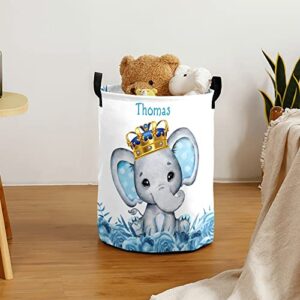 blue crown elephant personalized laundry hamper ,custom name collapsible waterproof laundry basket storage bins with handle for clothes,toy,nursery