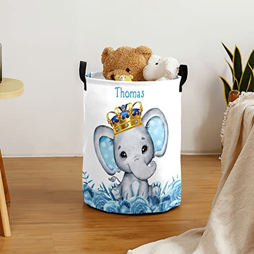 Blue Crown Elephant Personalized Laundry Hamper ,Custom Name Collapsible Waterproof Laundry Basket Storage Bins with Handle for Clothes,Toy,Nursery