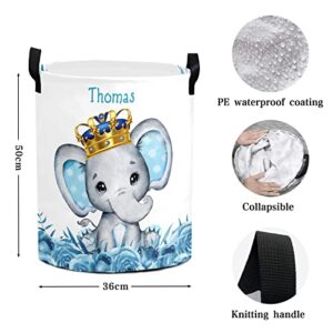 Blue Crown Elephant Personalized Laundry Hamper ,Custom Name Collapsible Waterproof Laundry Basket Storage Bins with Handle for Clothes,Toy,Nursery