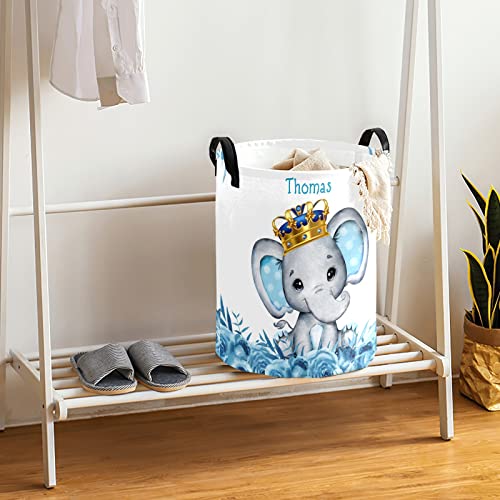 Blue Crown Elephant Personalized Laundry Hamper ,Custom Name Collapsible Waterproof Laundry Basket Storage Bins with Handle for Clothes,Toy,Nursery