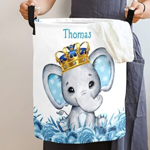 Blue Crown Elephant Personalized Laundry Hamper ,Custom Name Collapsible Waterproof Laundry Basket Storage Bins with Handle for Clothes,Toy,Nursery