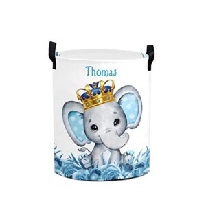 Blue Crown Elephant Personalized Laundry Hamper ,Custom Name Collapsible Waterproof Laundry Basket Storage Bins with Handle for Clothes,Toy,Nursery