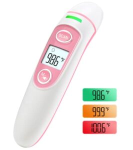 forehead thermometer for adults and kids, no-touch infrared thermometer for fever with lcd display and memory function, ideal for family use - pink