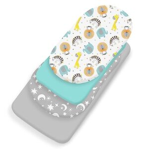 bimocosy bassinet sheet, 4 pack bassinet sheets for baby boys, soft baby bassinet fitted sheets neutral for standard bassinet mattress, size 32 x 16 x 4 inches, stars/woodland animals/grey/light green