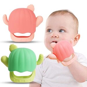2 packs baby teething toys for babies 0-6month,silicone teether toysfor babies 3-12month, with storage case easy to carry and keep clean, sore gums relief infant teether (pink + green)