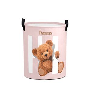 hi pink teddy bear personalized laundry hamper ,custom name collapsible waterproof laundry basket storage bins with handle for clothes,toy,nursery