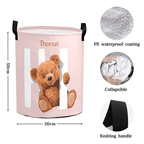 Hi Pink Teddy Bear Personalized Laundry Hamper ,Custom Name Collapsible Waterproof Laundry Basket Storage Bins with Handle for Clothes,Toy,Nursery