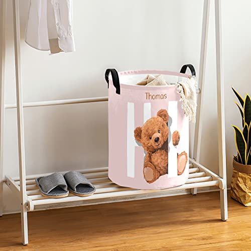 Hi Pink Teddy Bear Personalized Laundry Hamper ,Custom Name Collapsible Waterproof Laundry Basket Storage Bins with Handle for Clothes,Toy,Nursery