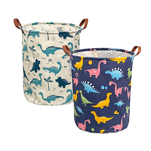 Collapsible Round Storage Bin - WOYASUI Large Laundry Hamper Waterproof Organizer with Handles/Home Decor/Toy Books Holder Clothes Nursery Basket（2 PACKS,Color Dinosaur & White Dinosaur）