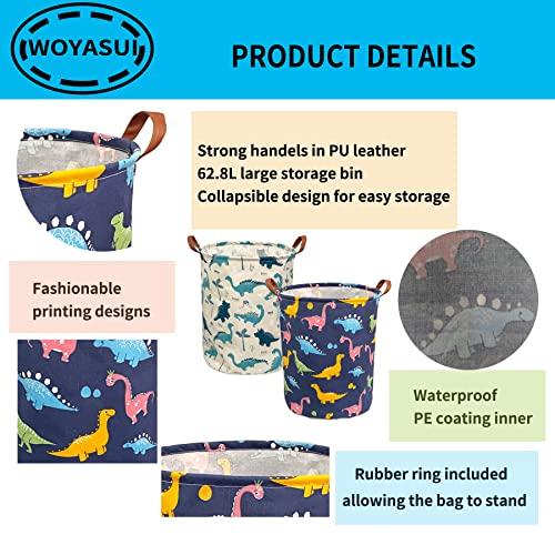 Collapsible Round Storage Bin - WOYASUI Large Laundry Hamper Waterproof Organizer with Handles/Home Decor/Toy Books Holder Clothes Nursery Basket（2 PACKS,Color Dinosaur & White Dinosaur）