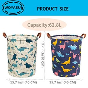 Collapsible Round Storage Bin - WOYASUI Large Laundry Hamper Waterproof Organizer with Handles/Home Decor/Toy Books Holder Clothes Nursery Basket（2 PACKS,Color Dinosaur & White Dinosaur）