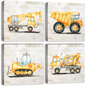 construction car wall art boys room decor cartoon truck tractor digger canvas posters for boy bedroom toddler pictures watercolor vehicle theme paintings kids nursery artwork decorations 12x12”4pcs