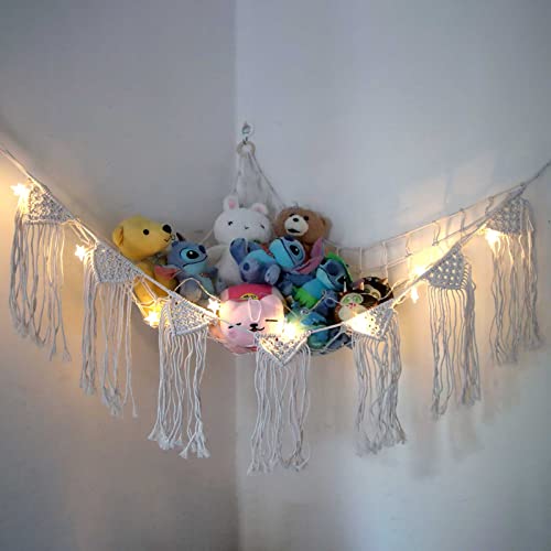 Stuffed Animal Net or Hammock with LED Light - Stuffed Animal Storage Toy Hammock for Wall - Hanging Corner Net with Boho Macrame Tassels， Plush Toy Net Hammock for Kids Bedroom Decor (41*41*57)