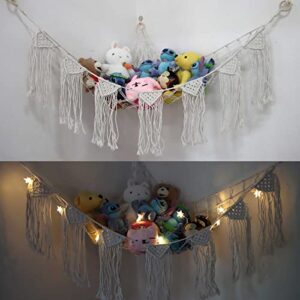 Stuffed Animal Net or Hammock with LED Light - Stuffed Animal Storage Toy Hammock for Wall - Hanging Corner Net with Boho Macrame Tassels， Plush Toy Net Hammock for Kids Bedroom Decor (41*41*57)