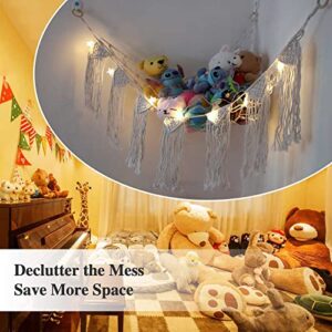 Stuffed Animal Net or Hammock with LED Light - Stuffed Animal Storage Toy Hammock for Wall - Hanging Corner Net with Boho Macrame Tassels， Plush Toy Net Hammock for Kids Bedroom Decor (41*41*57)