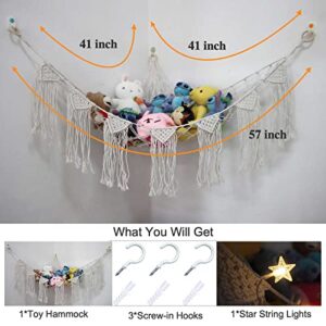 Stuffed Animal Net or Hammock with LED Light - Stuffed Animal Storage Toy Hammock for Wall - Hanging Corner Net with Boho Macrame Tassels， Plush Toy Net Hammock for Kids Bedroom Decor (41*41*57)