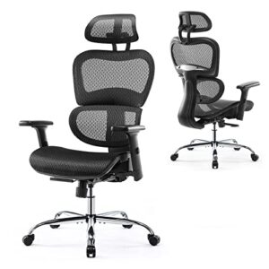 ergonomic office chair, high back desk chair, swivel mesh computer task chair with dynamic lumbar support, tilt function, executive home office chair with 3d adjustable headrest and armrests, black