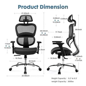 Ergonomic Office Chair, High Back Desk Chair, Swivel Mesh Computer Task Chair with Dynamic Lumbar Support, Tilt Function, Executive Home Office Chair with 3D Adjustable Headrest and Armrests, Black