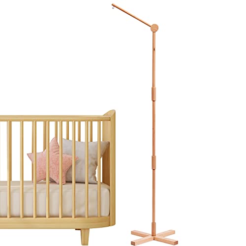 Lanttoe Wooden Floor-Standing Crib Mobile Arm 61 Inches for Baby Nursery-Movable Baby Mobile Hanger with Strong Anti-Dumping Attachment-100% Natural Beech Wood-Thicker Wooden Pole-Nursery Decor