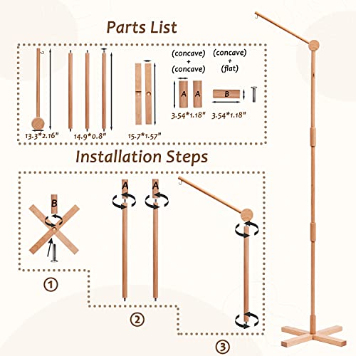 Lanttoe Wooden Floor-Standing Crib Mobile Arm 61 Inches for Baby Nursery-Movable Baby Mobile Hanger with Strong Anti-Dumping Attachment-100% Natural Beech Wood-Thicker Wooden Pole-Nursery Decor