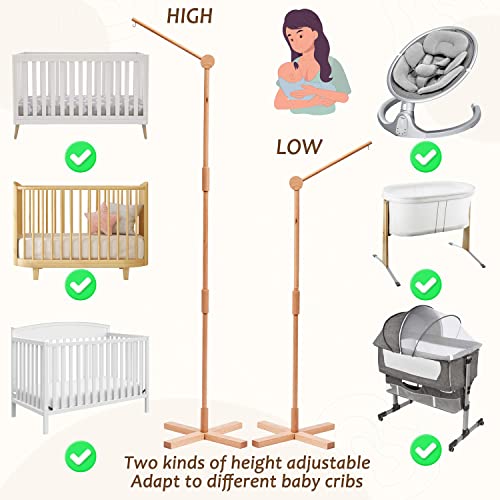 Lanttoe Wooden Floor-Standing Crib Mobile Arm 61 Inches for Baby Nursery-Movable Baby Mobile Hanger with Strong Anti-Dumping Attachment-100% Natural Beech Wood-Thicker Wooden Pole-Nursery Decor