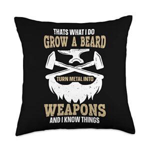 forging anvil t-shirts & funny blacksmith gifts grow a beard turn metal into weapons funny blacksmith throw pillow, 18x18, multicolor
