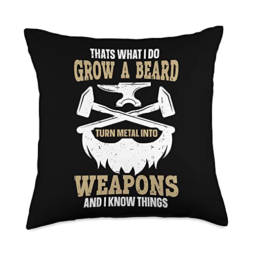 Forging Anvil T-Shirts & Funny Blacksmith Gifts Grow A Beard Turn Metal Into Weapons Funny Blacksmith Throw Pillow, 18x18, Multicolor