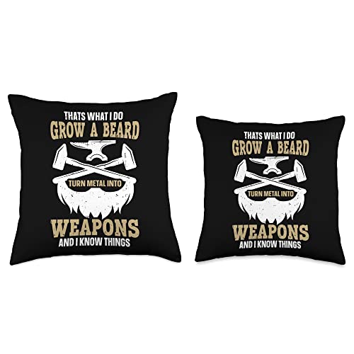Forging Anvil T-Shirts & Funny Blacksmith Gifts Grow A Beard Turn Metal Into Weapons Funny Blacksmith Throw Pillow, 18x18, Multicolor